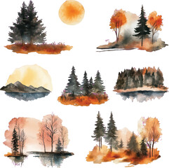 Watercolor Autumn Forest Landscapes with Sun and Water Reflections trees