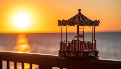 Miniature carousel at sunrise over the ocean