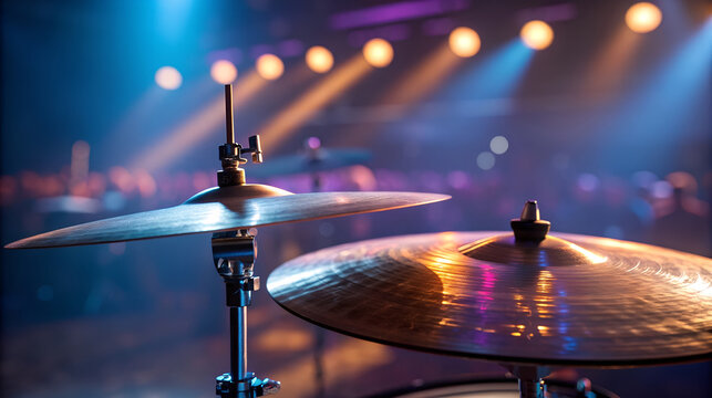 Close up of drum cymbals on a stage with colorful concert lights