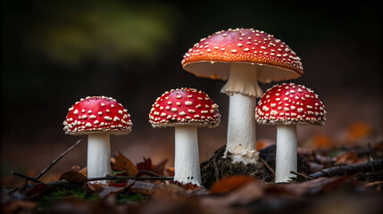 Four red and white spotted amanita muscaria mushrooms in autumn forest