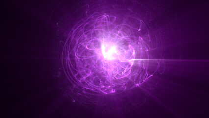 Glowing purple energy sphere with luminous light trails and radiant center, symbolizing futuristic cosmic power, creation, and digital brilliance