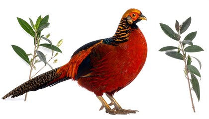 Colorful pheasant, flanked by olive branches