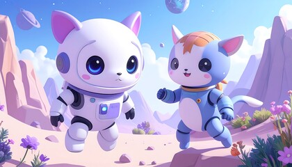 Two robot cats in a pastel landscape with distant planets and purple flowers