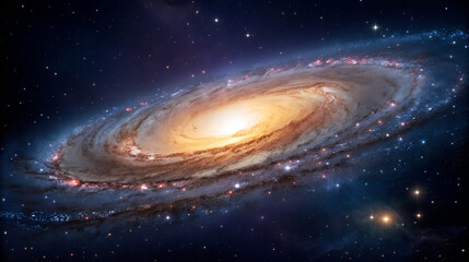 Vibrant spiral galaxy with glowing core and starry nebula background