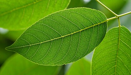 Close-up of vibrant green leaves, intricate vein patterns visible