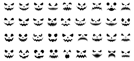 Fototapeta premium Set of Halloween scary pumpkins cut. Spooky creepy pumpkins cut