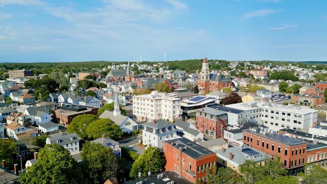 View of church in Gloucester Massachusetts on summer day from drone 