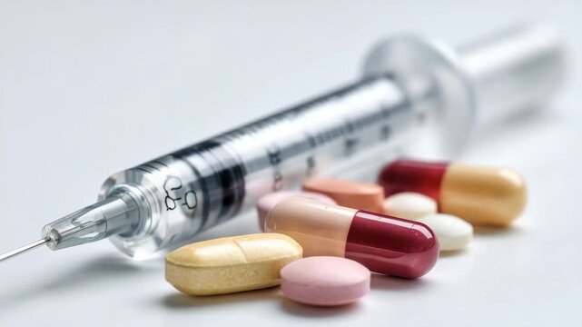 Syringe and assorted medication displayed on a clean surface for health discussions on medication administration and safety awareness in clinical settings