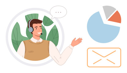 Smiling customer service agent with headset presenting pie chart and envelope, indicating communication and data analysis. Ideal for customer support, remote work, office, presentation, education