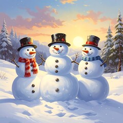 Obraz premium Three snowmen in winter landscape