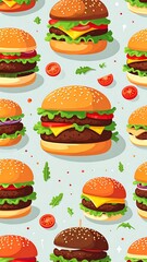 A vibrant, cartoonish pattern of various hamburgers