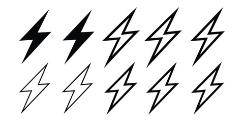 Collection of Black and White Lightning Bolt Icons on White Background electricity,  power, energy, symbol, icon, graphic, design, black, white, simple, clean, sharp, jagged icons set. 