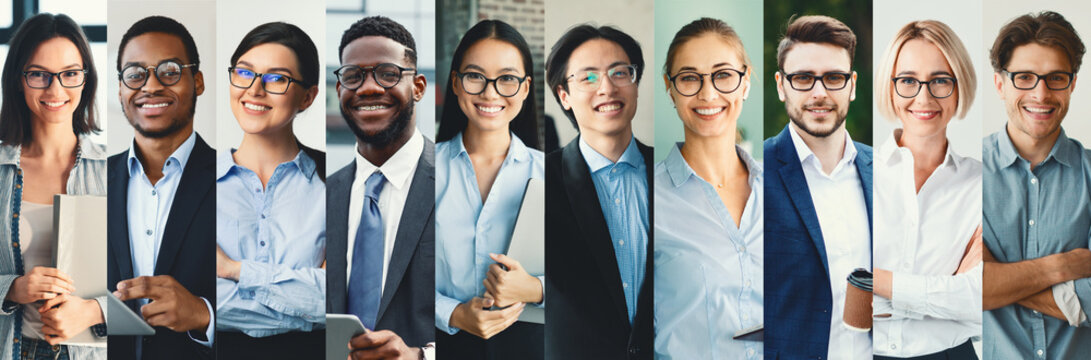 A collage features a diverse group of professionals including men and women of various backgrounds. They display friendly smiles, each in smart business attire, suitable for corporate settings. - Powered by Adobe