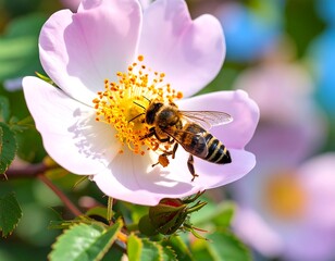 A honeybee on a pale pink rose flower