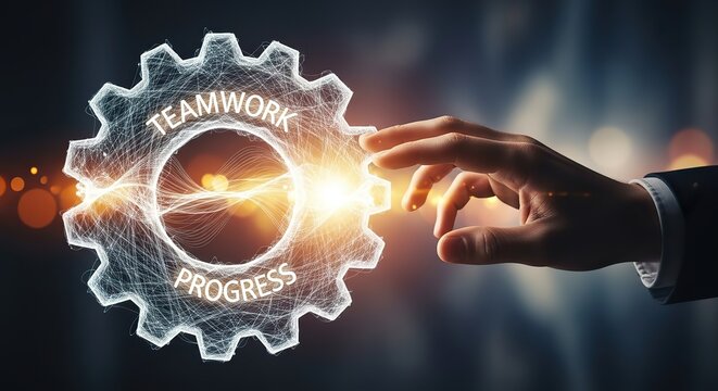 Business leader's hand engages glowing gear symbolizing teamwork and progress toward success