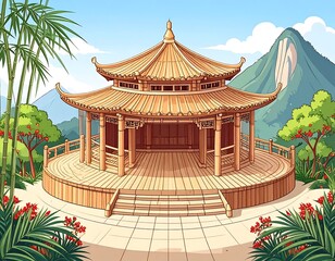 Asian pagoda in a lush mountain setting