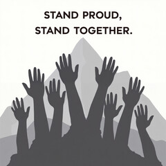 Fototapeta premium Hopeful Unity: Silhouetted Hands Raised High Against Mountain Peak