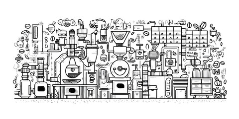 Intricate coffee processing plant illustration with detailed machinery.