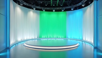 Modern television studio with curved green screen background, blue neon lights. Features raised circular stage with integrated lighting, perfect for virtual production, broadcasting, entertainment