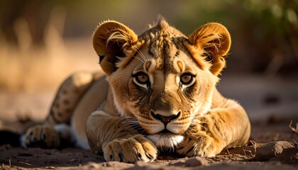Majestic Lion Cub Resting in African Savanna