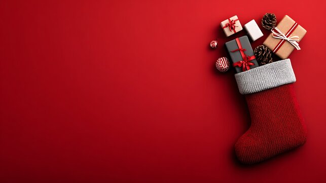 Festive christmas stocking overflowing with beautifully wrapped gifts and pine cones on a red background with copy space