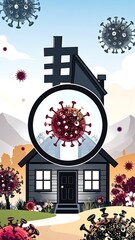 A house with a magnifying glass focusing on a virus, surrounded by virus particles