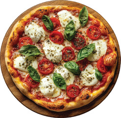 Delicious Margherita Pizza with Fresh Mozzarella and Basil on Wooden Board italian food cheese