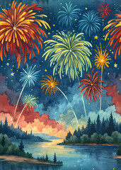 Artistic Happy New Year 2026 painting with bold brushstrokes and vibrant fireworks. Perfect for cheerful wallpapers, decorative greeting cards, and seasonal digital illustrations.