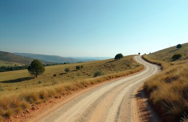 Obraz premium Winding dirt road through dry grassy hills under clear blue sky. Scattered trees dot landscape, creating rural, remote, adventurous travel scene. Pathway invites exploration into untouched natural