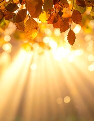 Radiant golden autumn leaves create a luminous fall background, bathed in sunbeams with a beautiful bokeh effect and ample copy space for seasonal designs