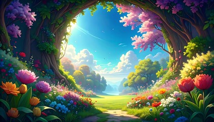 A vibrant, colorful springtime scene with a path through a flower-filled meadow