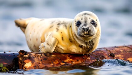 A curious grey seal pup rests on a log floating in the ocean with a soft bokeh background