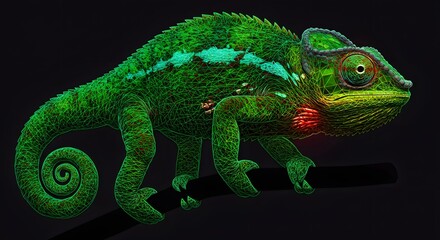 Geometric Chameleon in Low-Light Setting: A Low Poly 3D Render of a vibrant green chameleon perched on a branch against a dark background