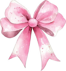 Pink watercolor bow with white polka dots on a white background ribbon