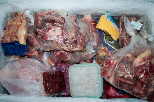 Frozen Meat and Food Storage in Chest Freezer