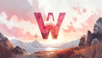 Landscape with soft pink skies, mountains, path and a translucent red "W" overlay