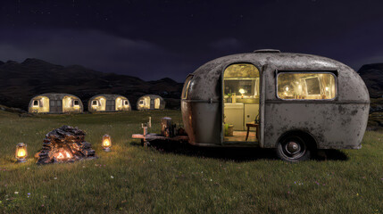 Vintage Caravan in the Wilderness: A vintage caravan sits under the night sky, its interior warmly lit. This idyllic scene of travel evokes a sense of freedom, adventure, and escape. 