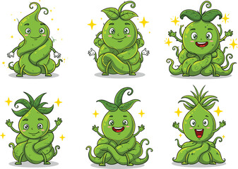 Cute plant characters, cartoon green vines, happy leaf people, whimsical botanical mascots, nature fantasy illustration, adorable eco friendly design, magical garden friends