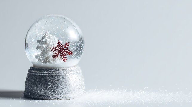 Snow globe with red snowflake and tree isolated on white background, a symbol of winter holidays