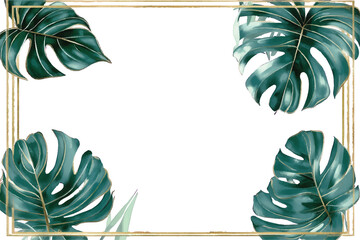 Gold rectangular frame with dark green monstera leaves on a white background vector illustration