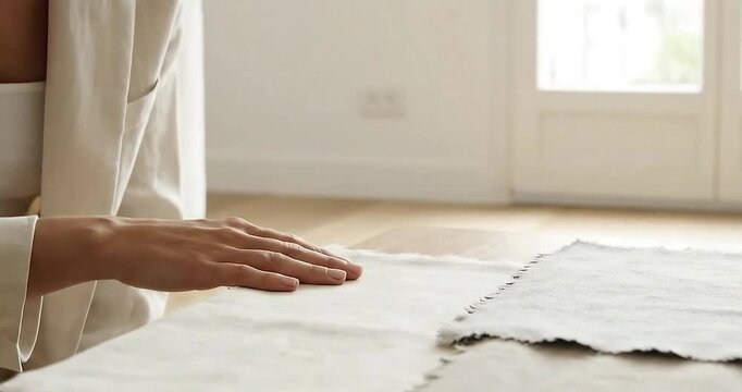 Elegant woman touching minimalist sofa fabric swatches in bright Spanish home. Interior design concept.