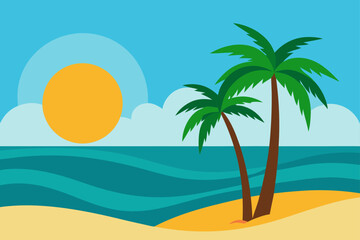 Obraz premium vector tropical beach with palm trees ocean waves