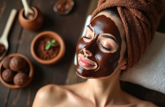Woman enjoying luxurious chocolate facial treatment in serene spa setting. Wears brown towel wrap. Mask nourishes skin. Includes skincare, beauty, wellness, aromatherapy, cosmetic benefits for