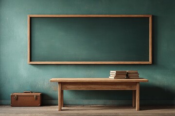 Empty classroom with a large blackboard wooden desk and vintage suitcase