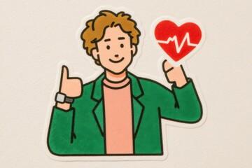 A cheerful young man with curly hair wearing a green blazer gives a thumbs up while holding a heart symbolizing health and wellness representing positive lifestyle choices for healthy living