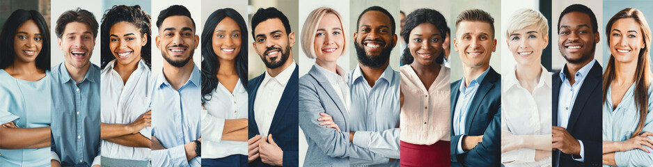 A group of diverse business professionals from various backgrounds stands together in a modern...