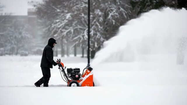 A man operates a snowblower during a winter storm, clearing a path through the snowcovered landscape after heavy snowfall in the city