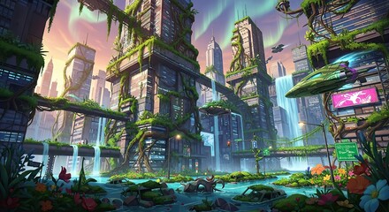 Vibrant futuristic city blends nature and technology with flowing waterfalls and flying vehicles