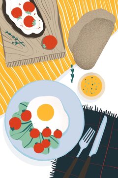 Top view breakfast sketch egg, toast, tomatoes, Illustration
