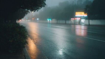 Blurry image of a wet street with a yellow sign in the background